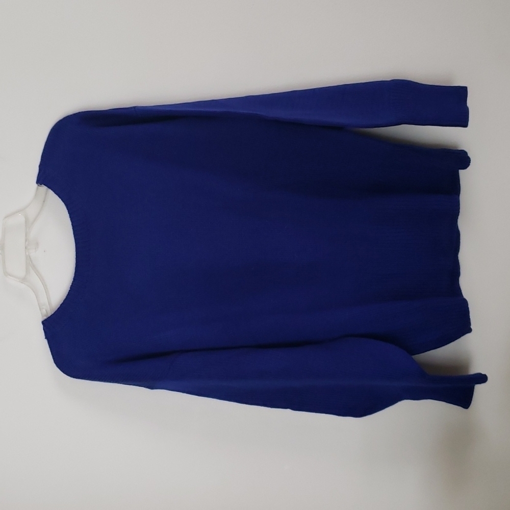 Chunky blue low back balloon sleeve sweater, long, loose crew neck, large